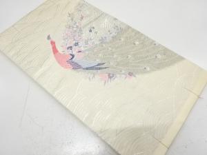 未使用品　プラチナ箔二重織　孔雀に草花模様織り出し　名古屋帯